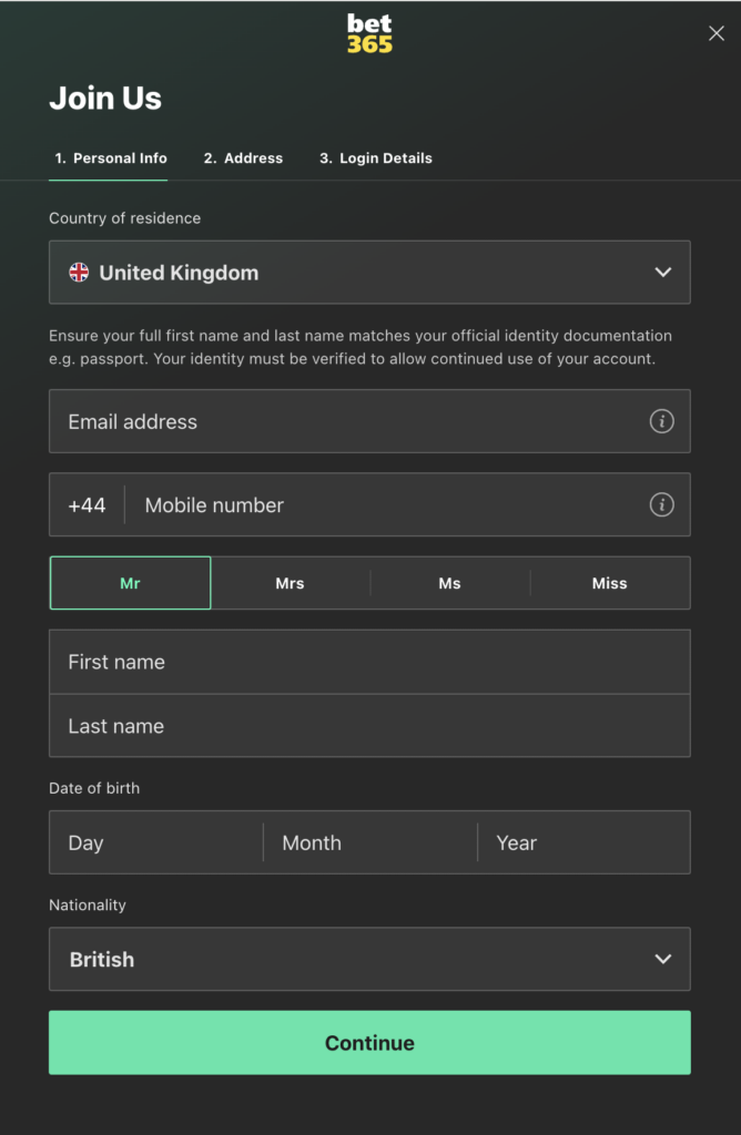 Bet365 Sign up Step1