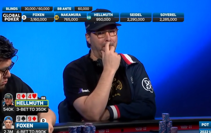 Watch Phil Hellmuth Bluff against Alex Foxen with Q4o at the 2022 US Poker Open