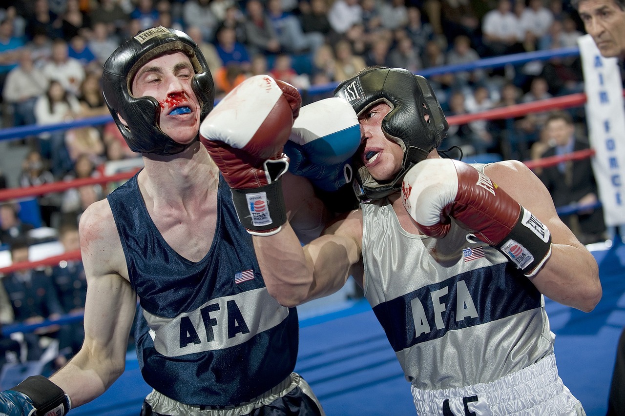 Scary sports costume image of boxers with bloody noses