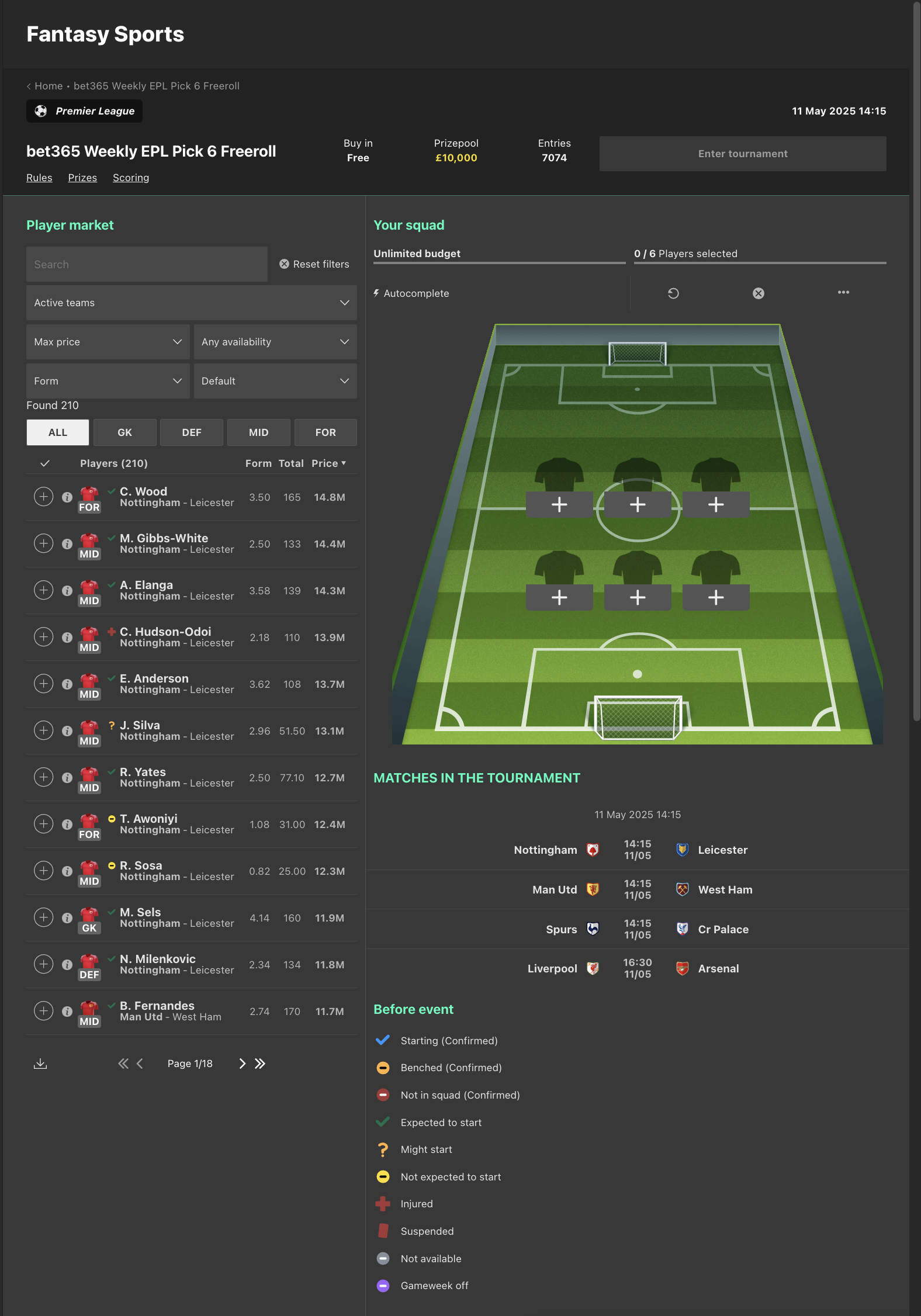 Bet365 EPL Pick 6 Weekly Freeroll