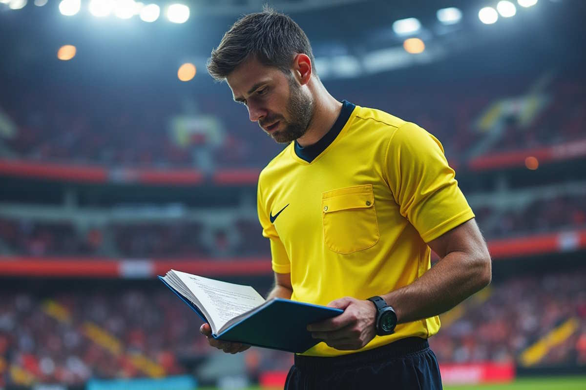 soccer referee holding up a rule book