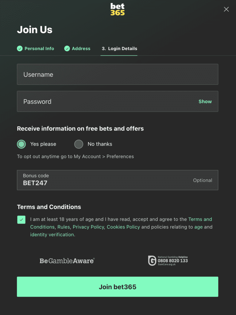 Bet365 Sign Up Step 3
