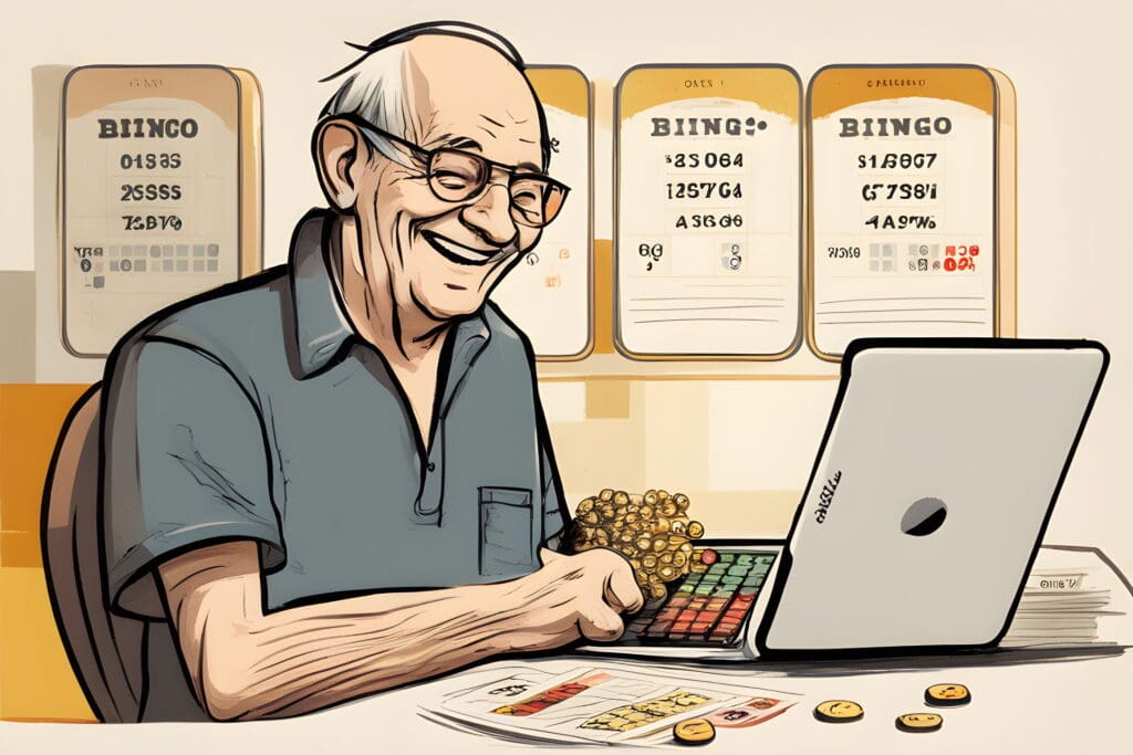 An older man playing online bingo via his tablet. He is smiling because the tablet shows he has just won a full house and a cash prize. pencil sketch, drawing, trending on artstation, by Jackson Pollock, warm color palette