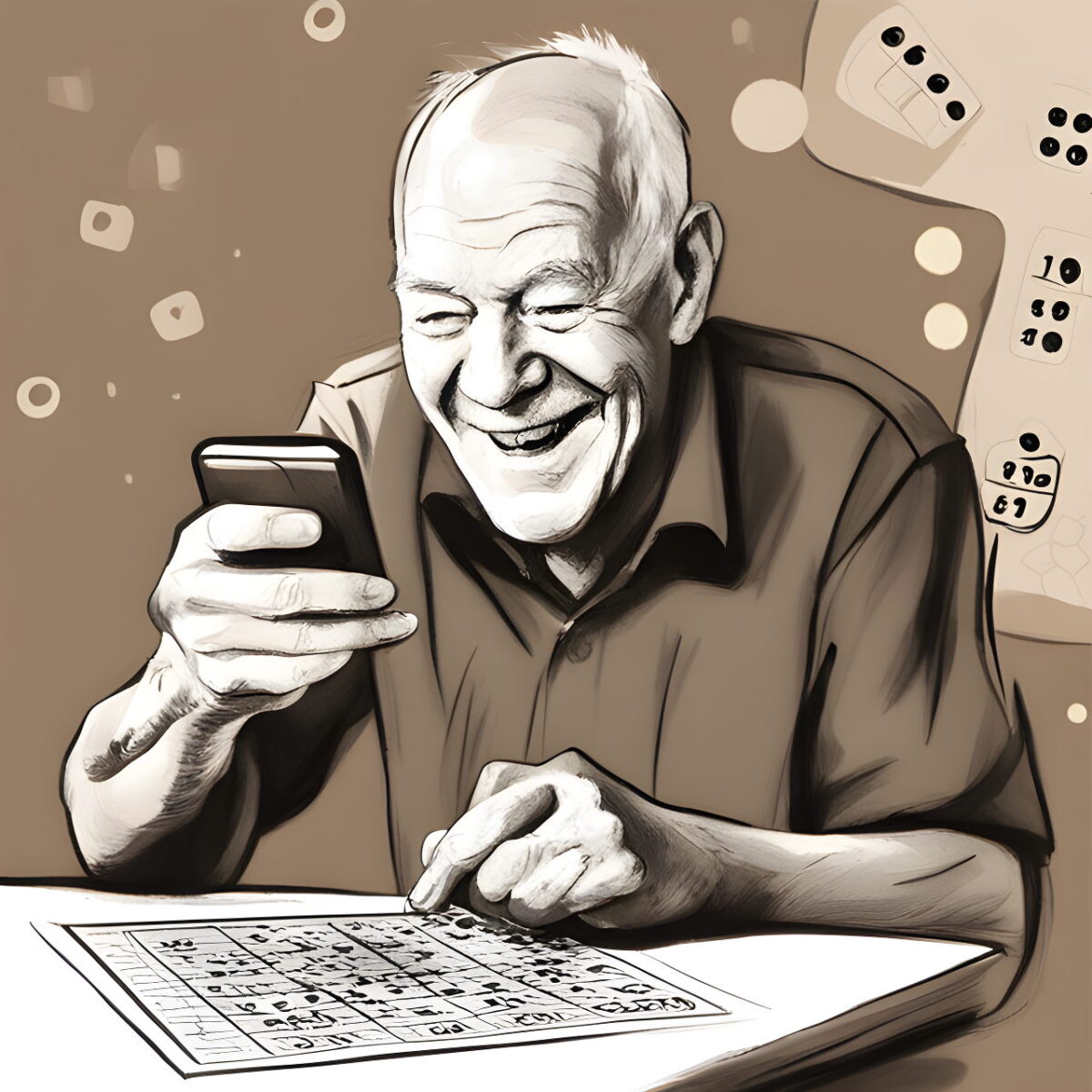 An older player playing. bingo via a mobile phone, with a broad smile., pencil sketch, drawing, trending on artstation, by Jackson Pollock, warm color palette