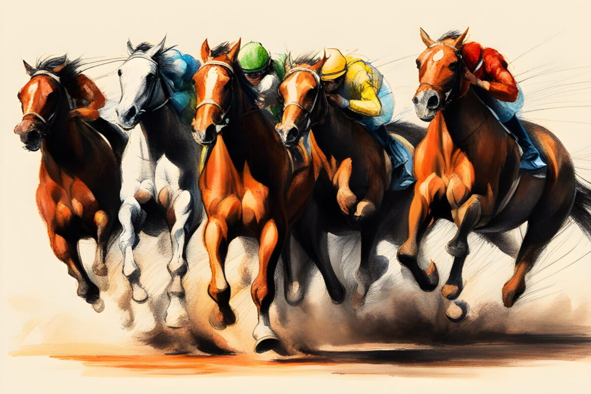 Six horses in a race pencil sketch, drawing, trending on artstation, by Jackson Pollock, warm color palette