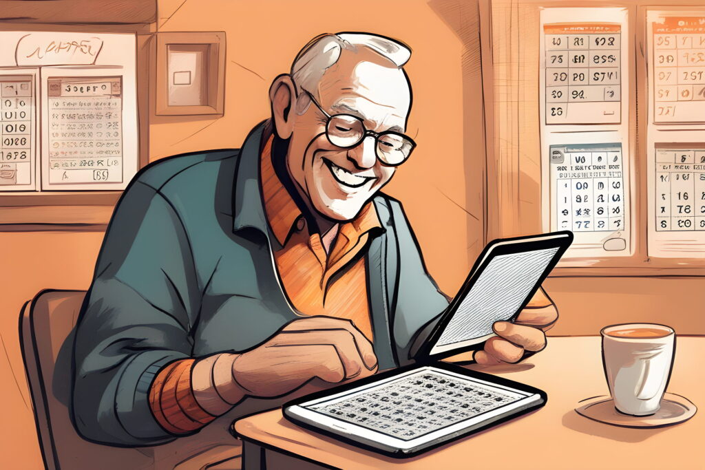 An older man playing online bingo via his tablet. He is smiling because the tablet shows he has just won a full house and a cash prize. pencil sketch, drawing, trending on artstation, by Jackson Pollock, warm color palette