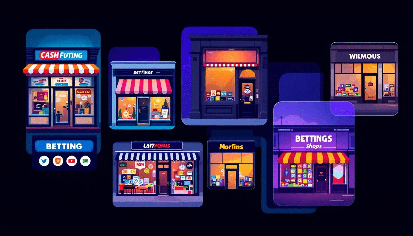 A collage of major UK betting shop chains, highlighting their storefronts.