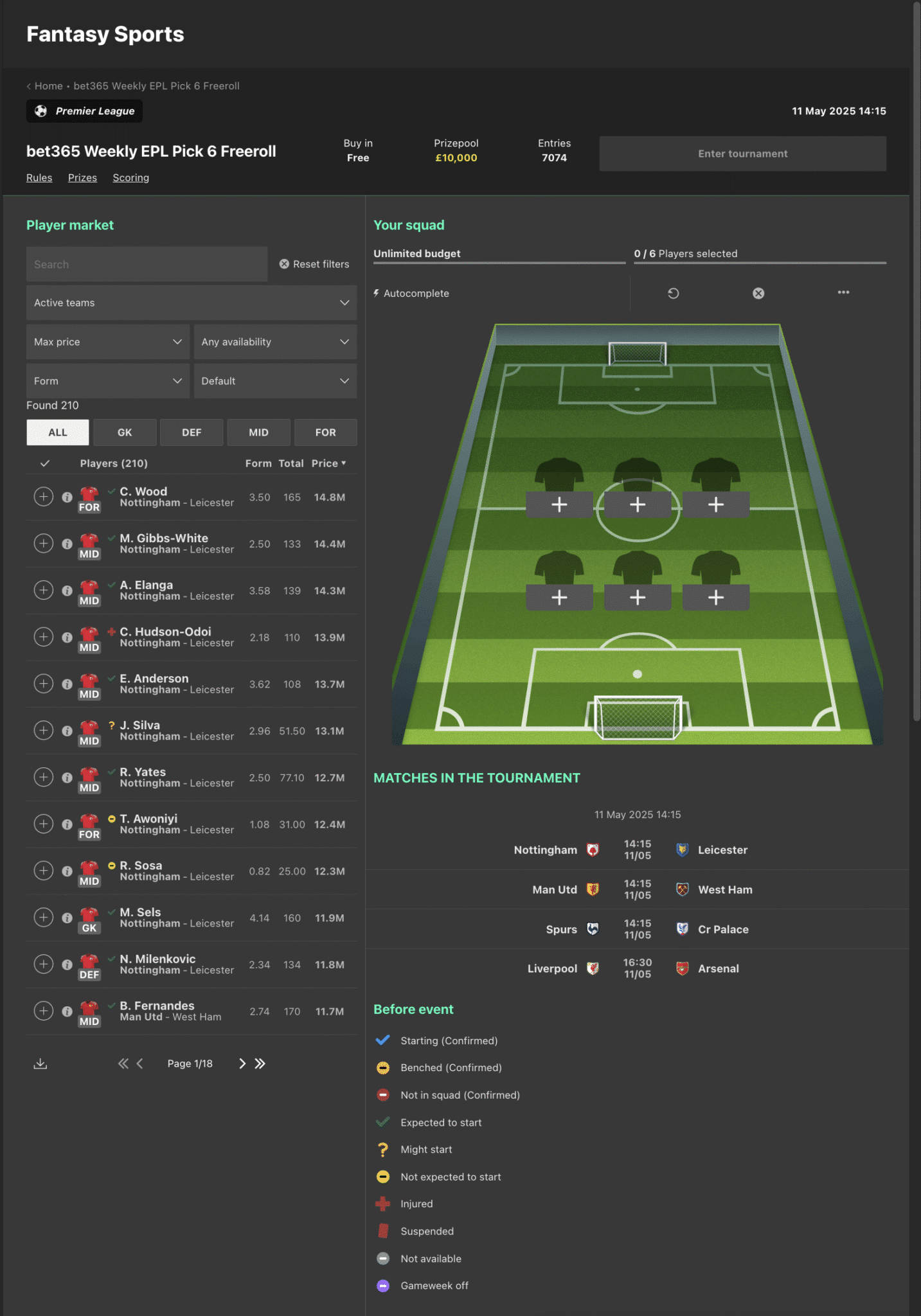 Bet365 EPL Pick 6 Weekly Freeroll