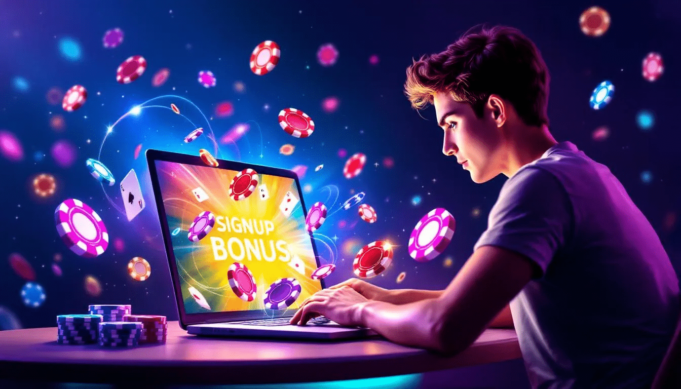 A player claiming their poker signup bonus on a laptop.