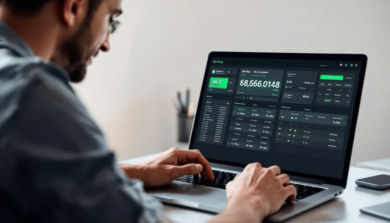 A person using a betting calculator on a laptop, with a calculator for bets visible on the screen.