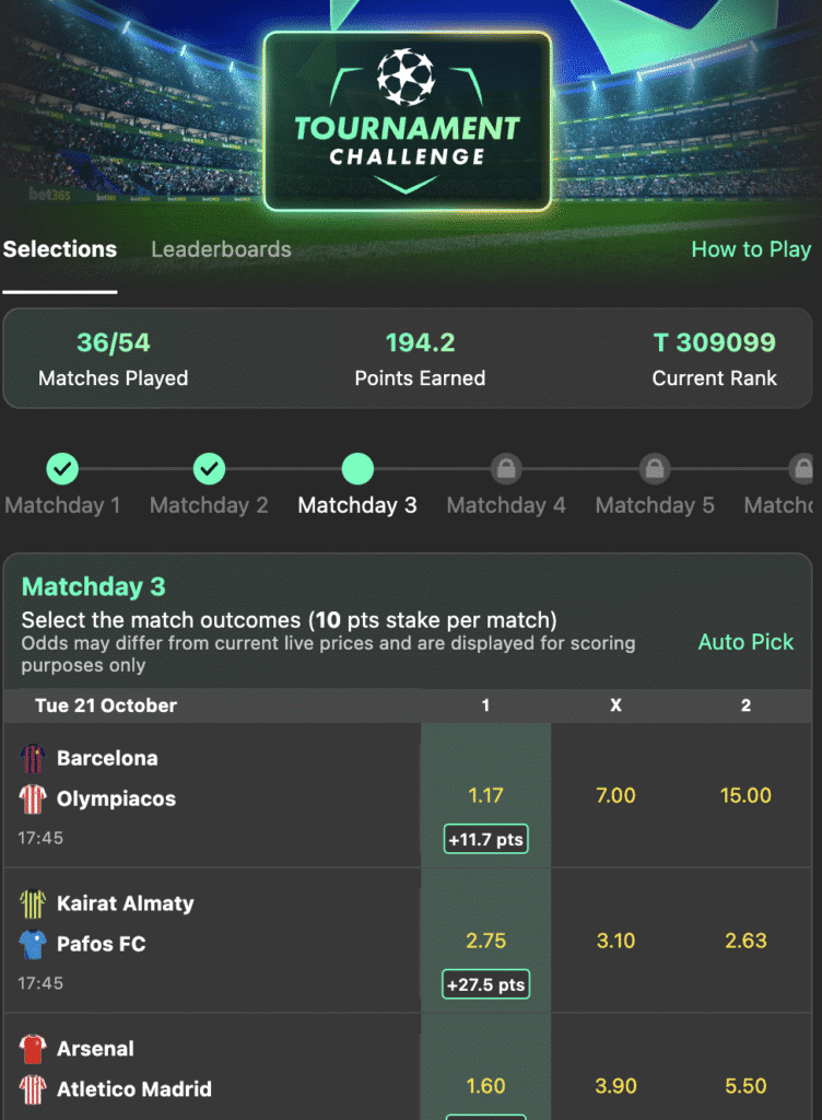 Bet365 UCL Tournament Challenge Entry