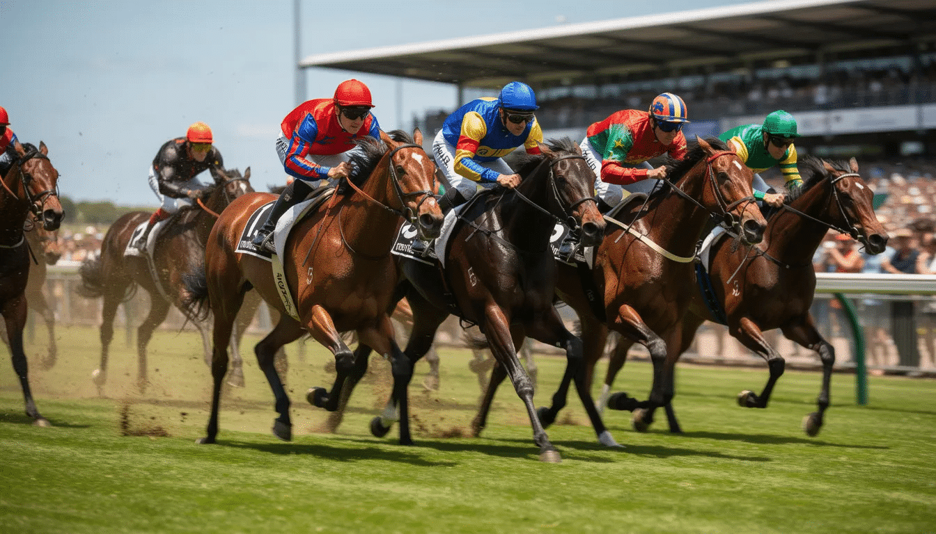 The image depicts thoroughbred horses racing on a vibrant green turf track, with jockeys dressed in colorful silks urging them forward. This exciting scene captures the thrill of horse racing, where every race offers opportunities for horse racing betting and the chance to win with the best odds.