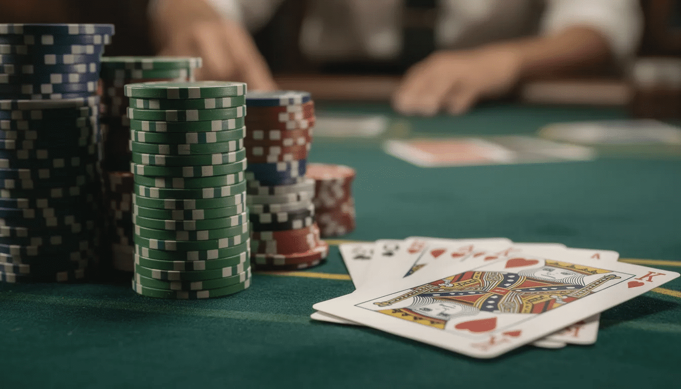 A close-up view of stacked poker chips next to a pair of playing cards on a green felt table, showcasing the vibrant colors of the chips typical in a poker game. The arrangement suggests a strategic moment in a game of poker, possibly hinting at a strong hand like a straight flush or a royal flush.