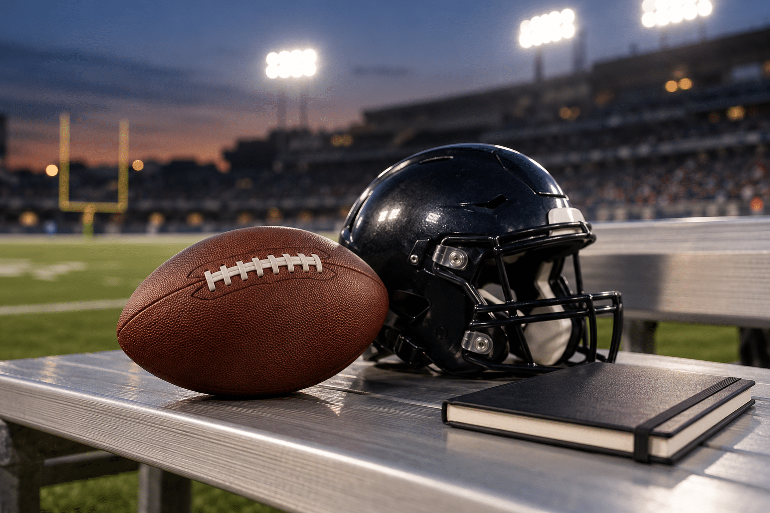 Unbranded American football and helmet on a stadium bench