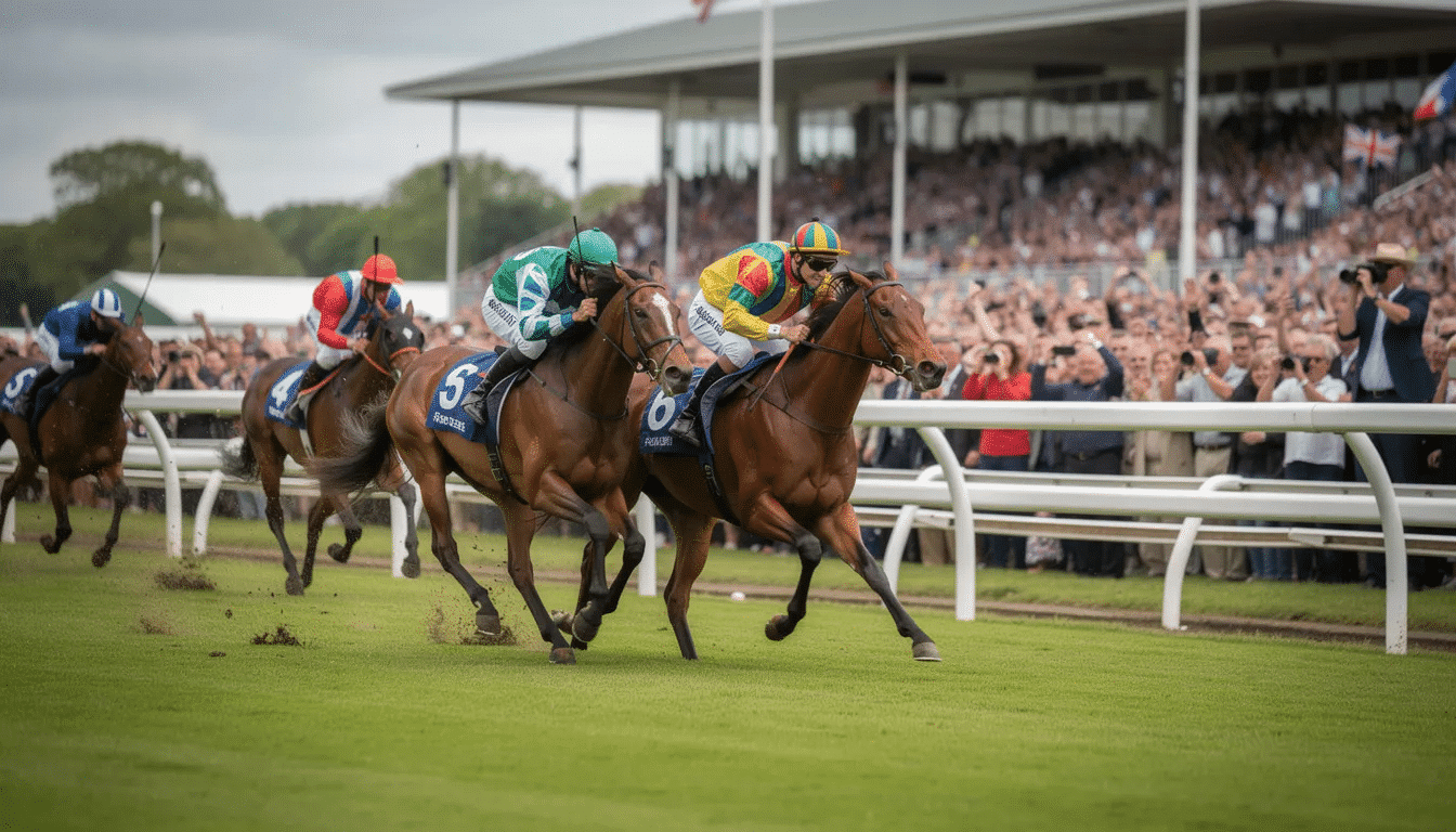 A vibrant scene captures horses racing on a lush grass track at a British racecourse, with enthusiastic spectators filling the grandstands. The excitement builds as the race begins, showcasing the thrill of horse racing and the betting market, where punters can place bets and seek the best odds.