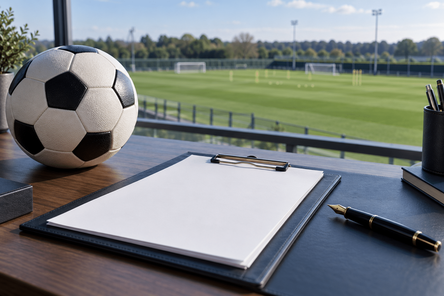 Plain football and blank registration clipboard overlooking a training ground