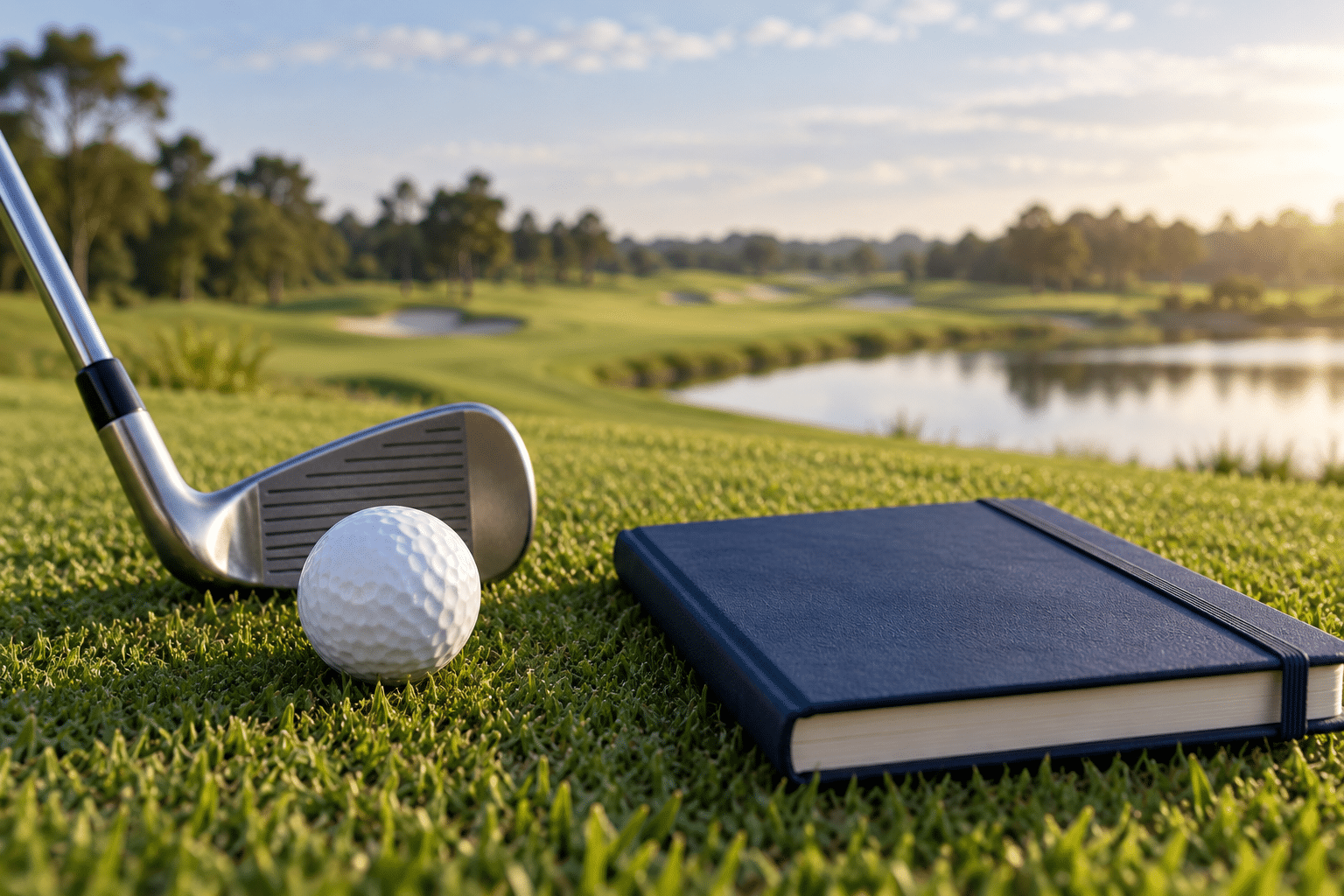 Golf ball and club beside a notebook on a generic course