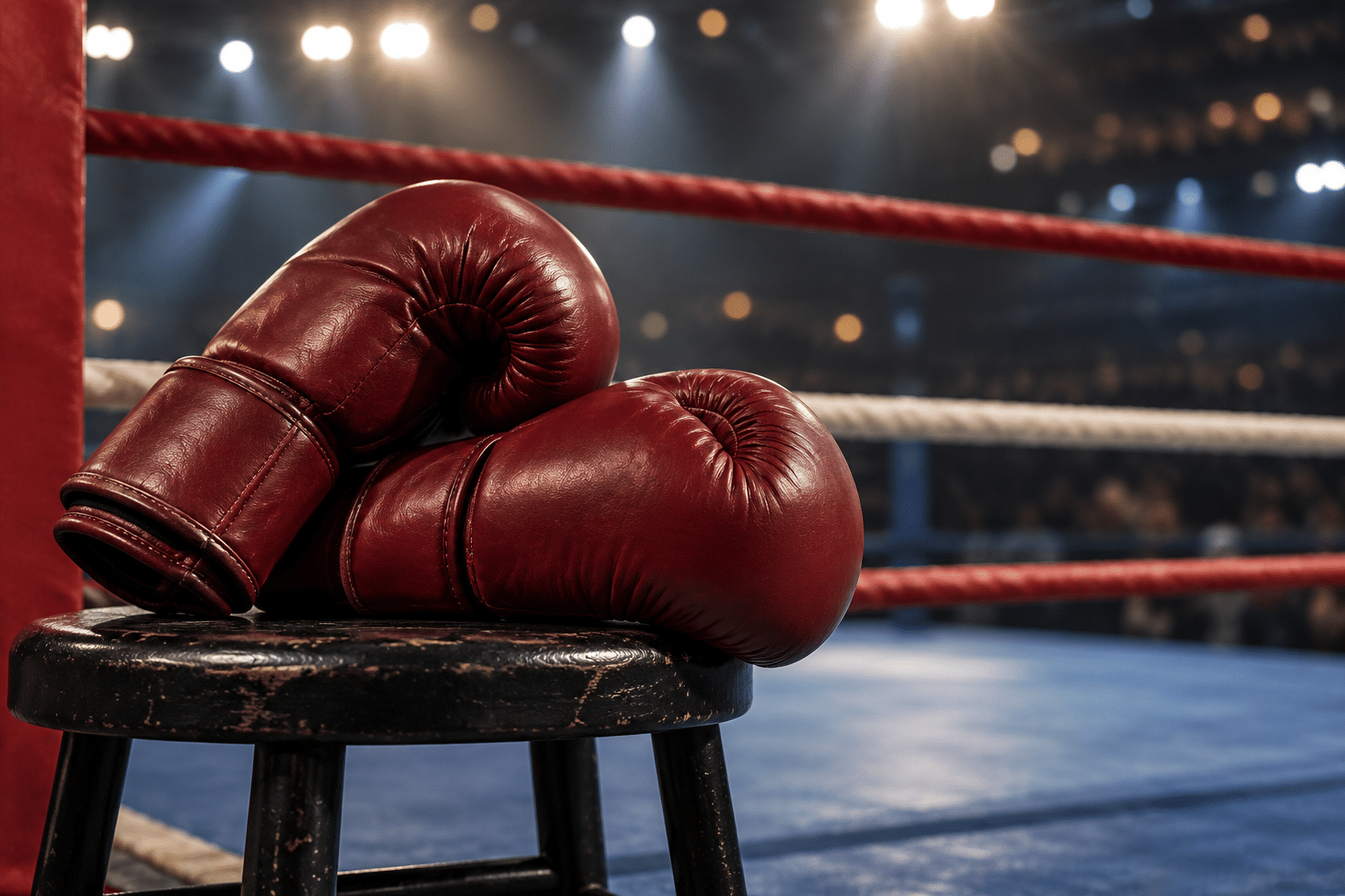 Unbranded boxing gloves beside ring ropes