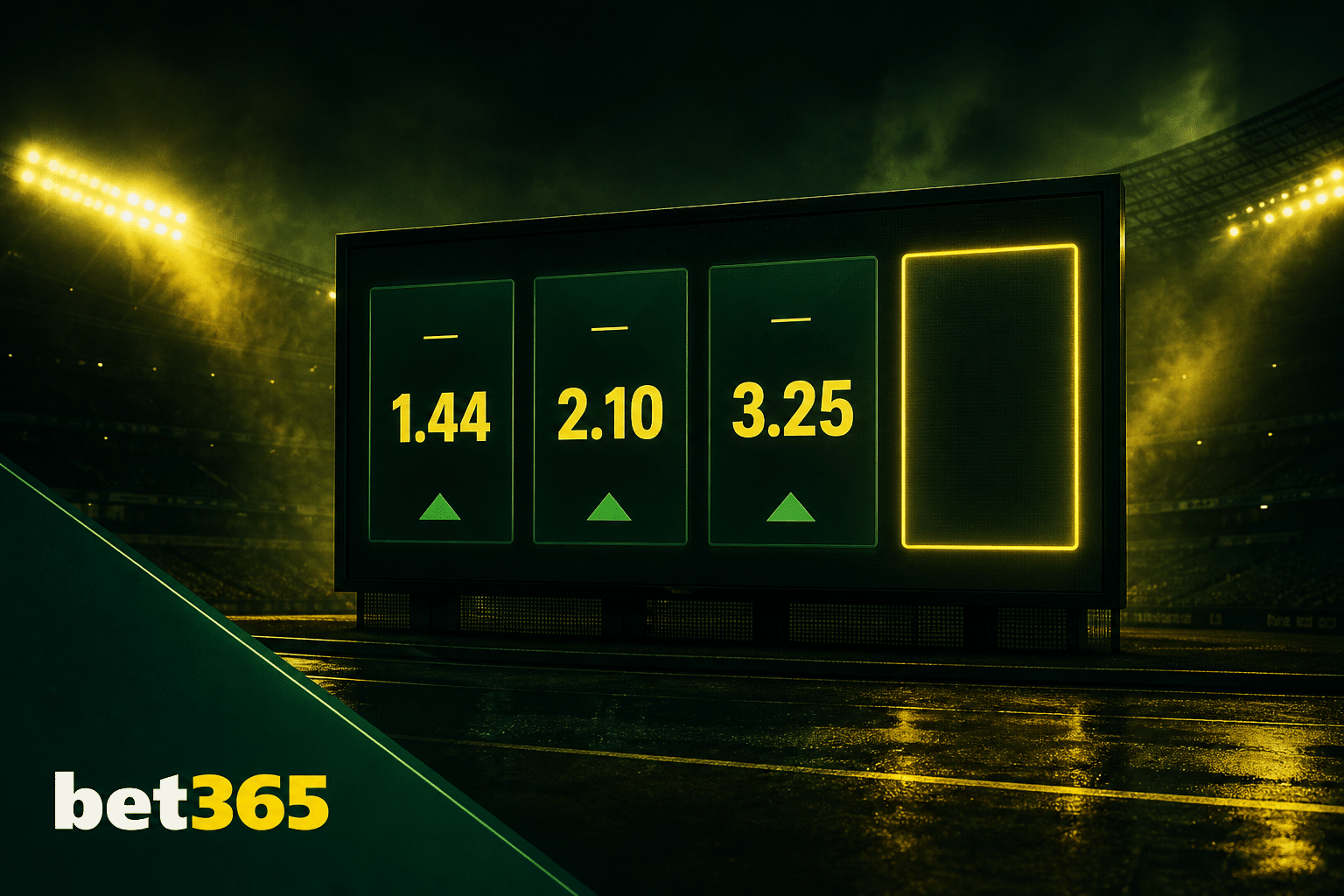Stadium odds board at night with one empty slot and bet365 branding