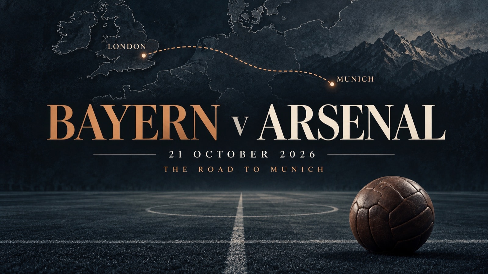 Bayern v Arsenal, 21 October 2026: original football illustration with a stylised London-to-Munich route.