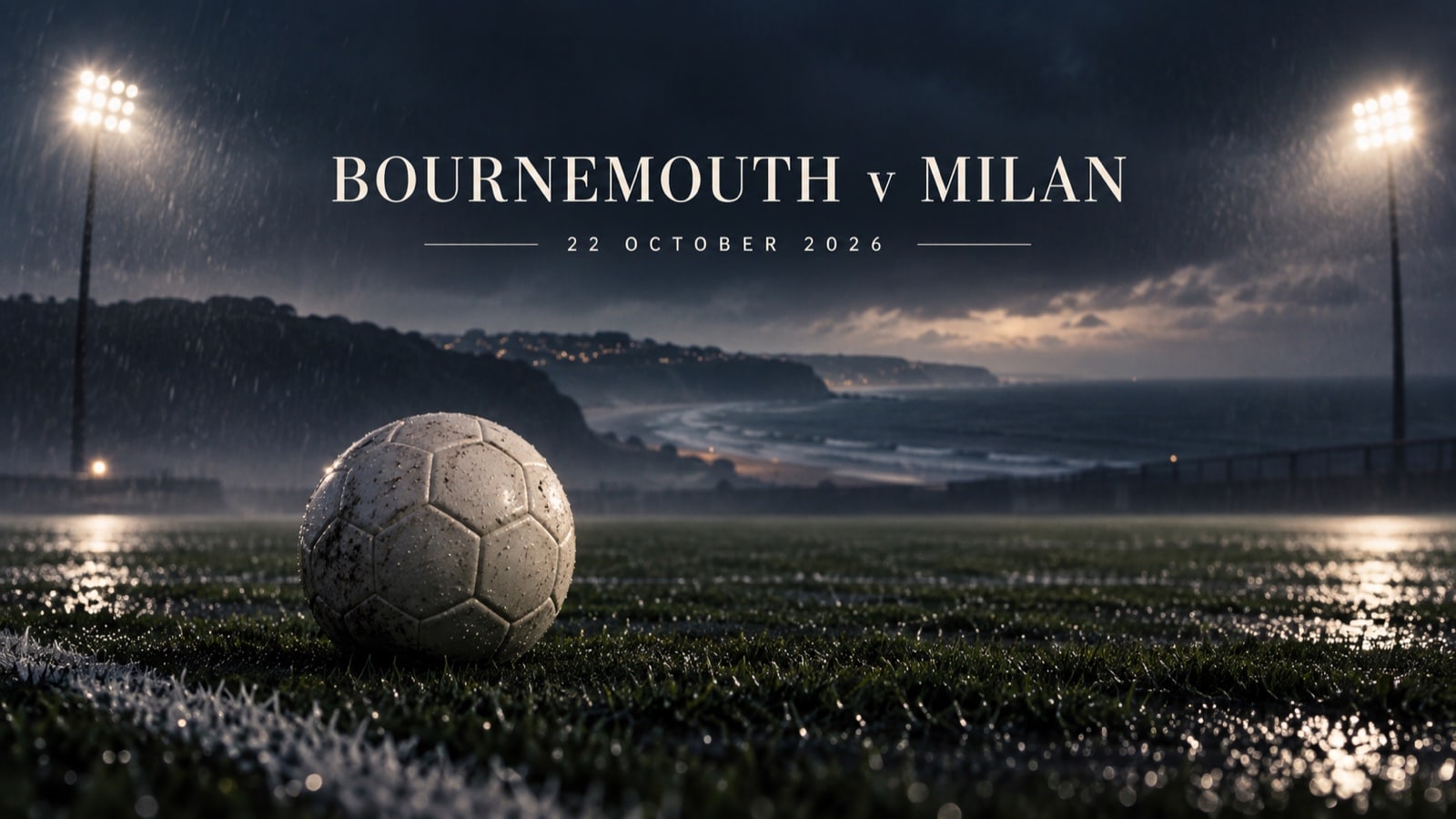Bournemouth v Milan, 22 October 2026: an unbranded football on an illustrated coastal pitch under floodlights.