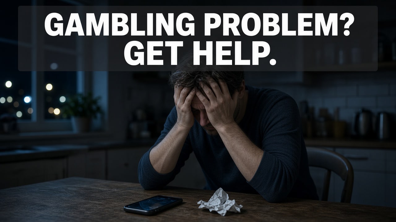 Distraught adult at a kitchen table with phone and crumpled slip; text reads Gambling problem? Get help.