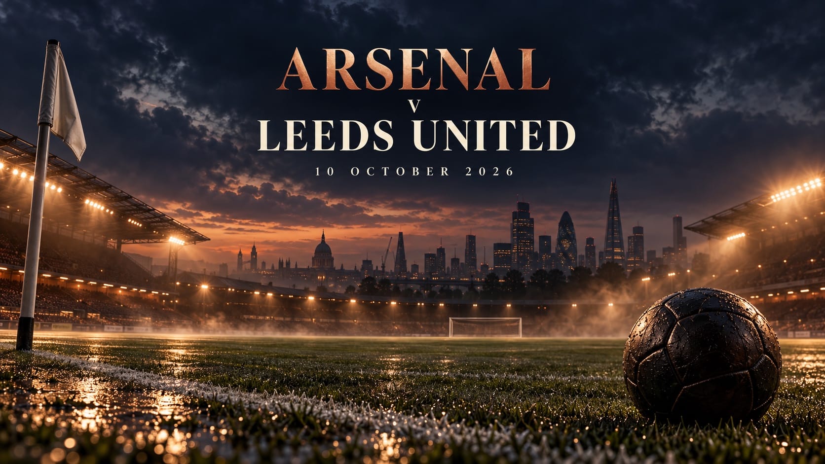 Arsenal v Leeds United, 10 October 2026: football and corner flag on a floodlit pitch in a cinematic illustration.