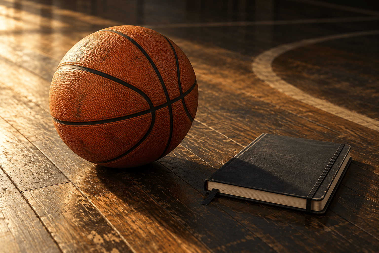 Unbranded basketball and closed notebook on a wooden floor, an editorial illustration
