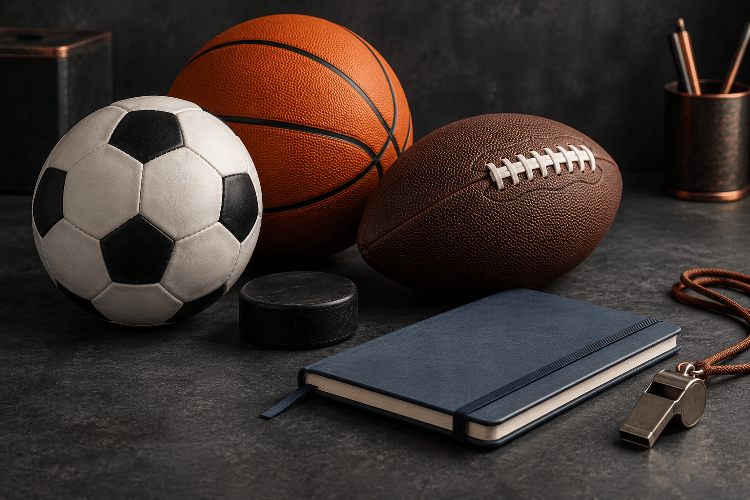 Generic football, basketball, American football and hockey puck beside a notebook and whistle