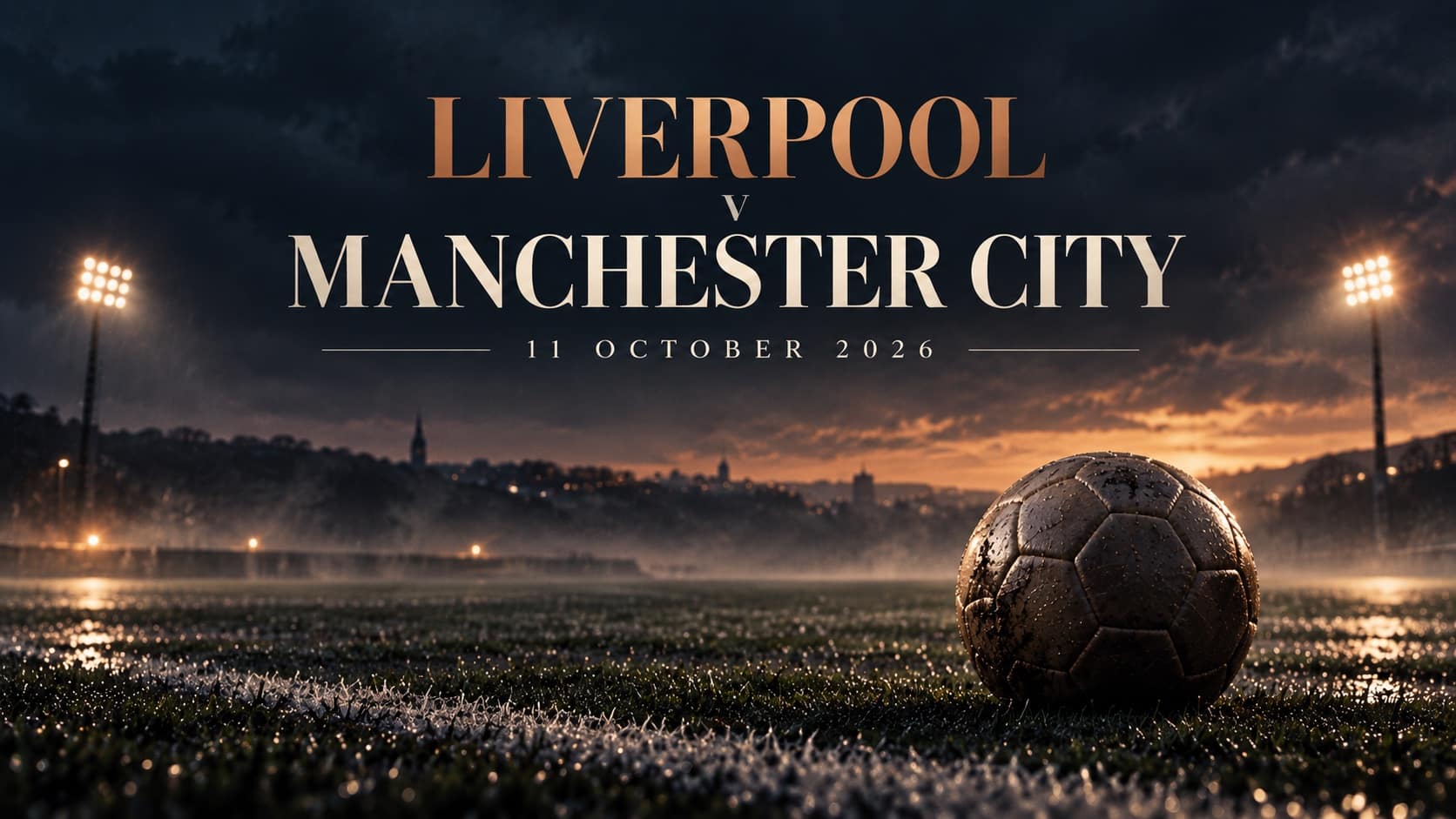 Liverpool v Manchester City, 11 October 2026: unbranded football on a floodlit pitch in a cinematic editorial illustration.