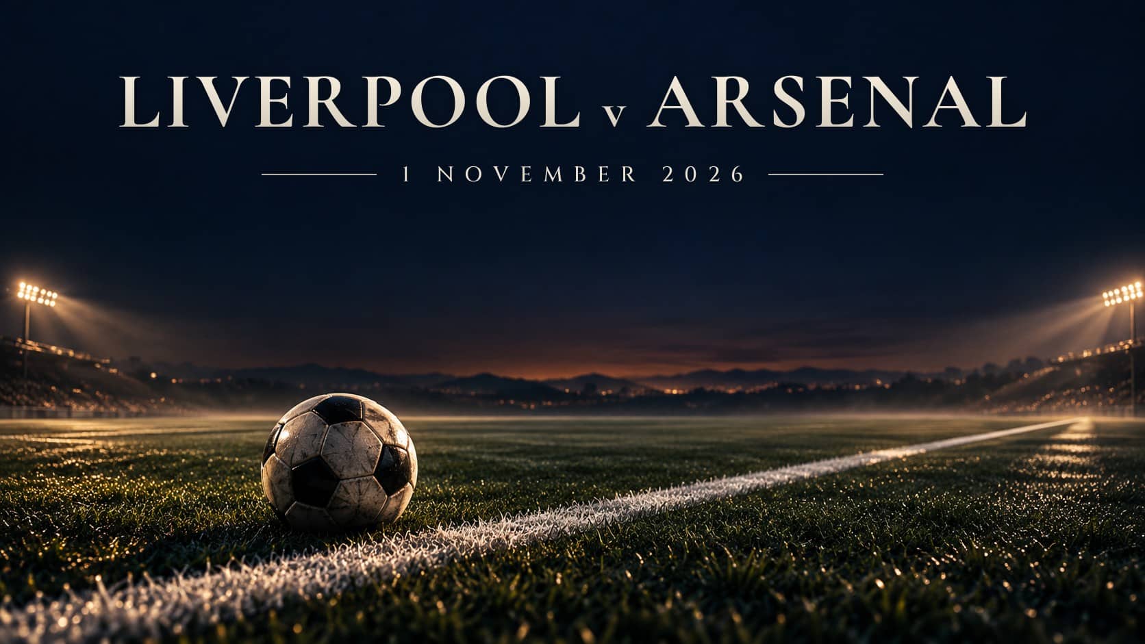 Liverpool v Arsenal, 1 November 2026: An unbranded football beside a diagonal touchline on a floodlit pitch beneath a dark sky.