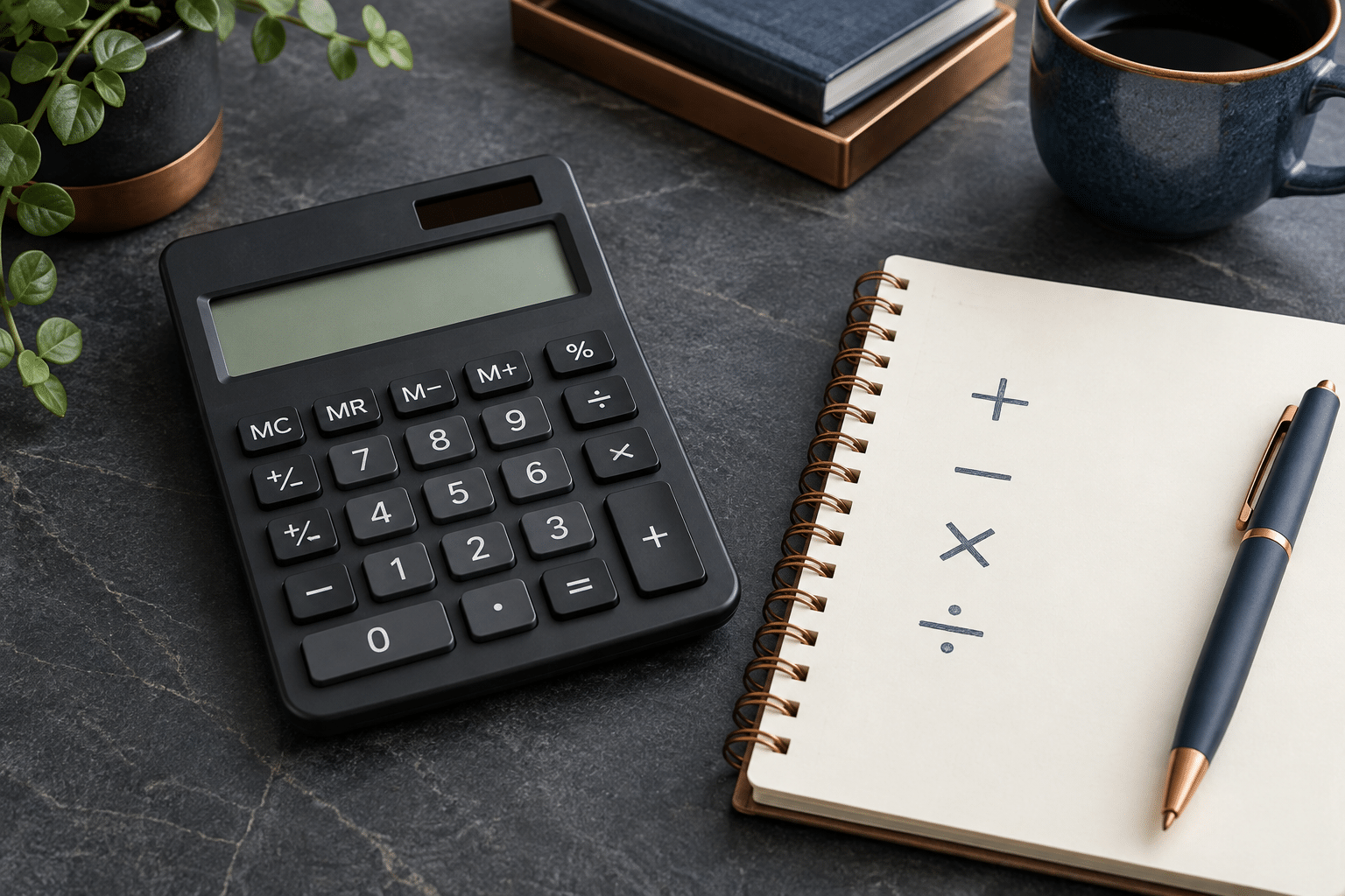 Unbranded calculator and notebook, an editorial illustration rather than a certified RNG test or real slot screenshot