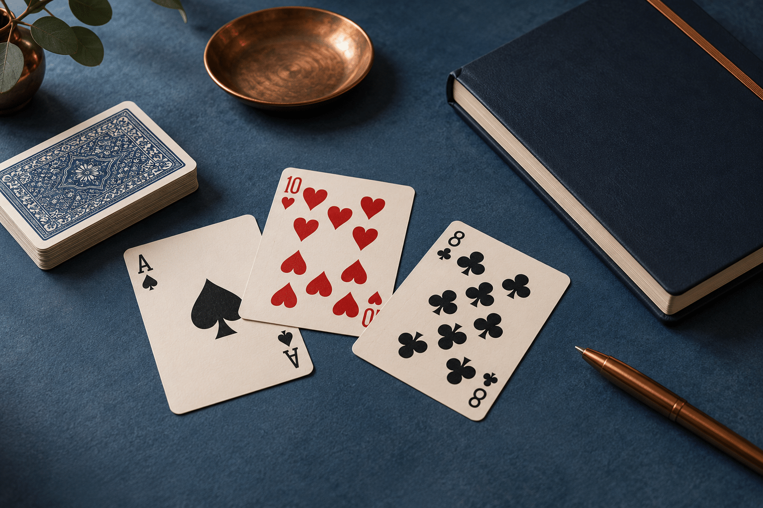 Unbranded playing cards and notebook, an editorial illustration rather than a seating diagram or operator screenshot