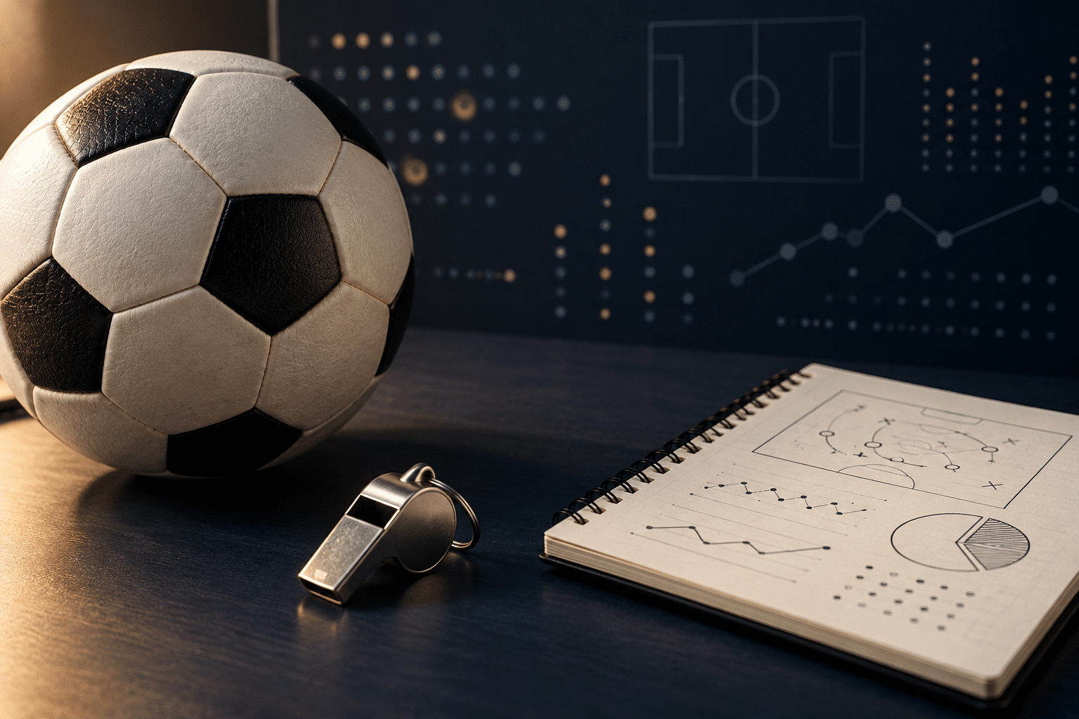 Unbranded football and notebook for planning a sports-themed gift